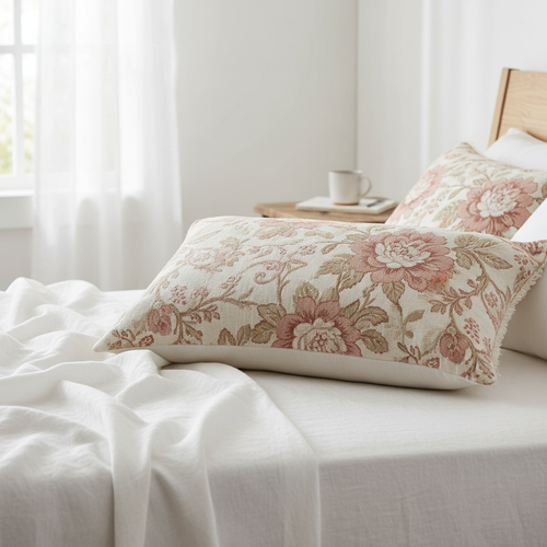 Cream and blush pink floral farmhouse decorative pillow on white linen bed