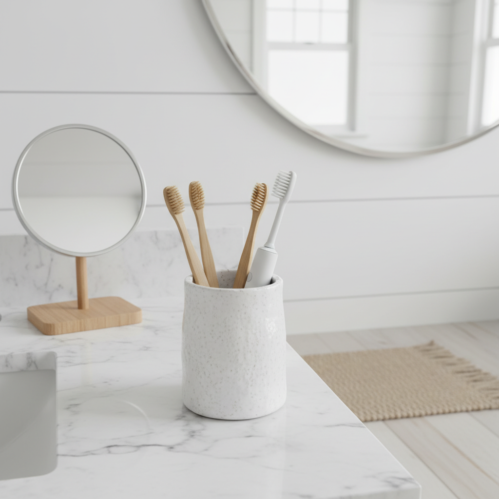 Farmhouse Ceramic Toothbrush Cup matte white on marble counter