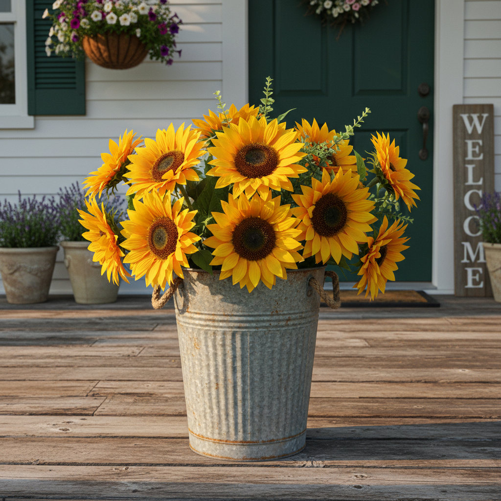 Farmhouse galvanized metal bucket vase on front porch with sunflowers