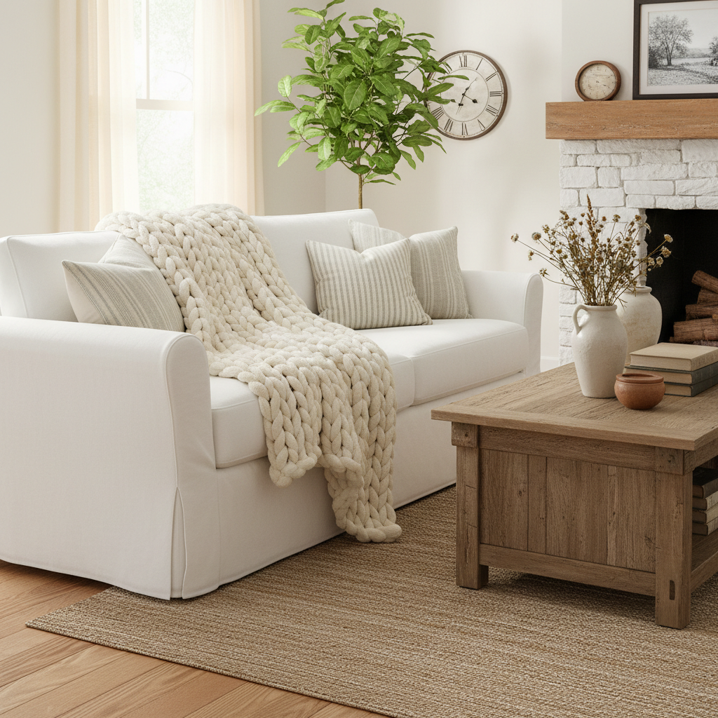 Farmhouse chunky knit cream throw blanket on white sofa