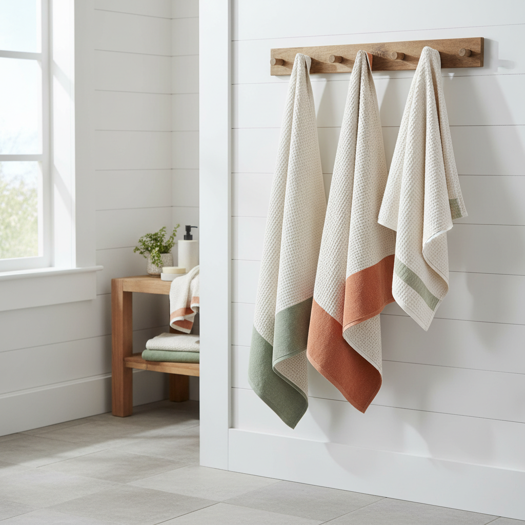 Farmhouse Cotton Waffle Towels hanging on towel rack