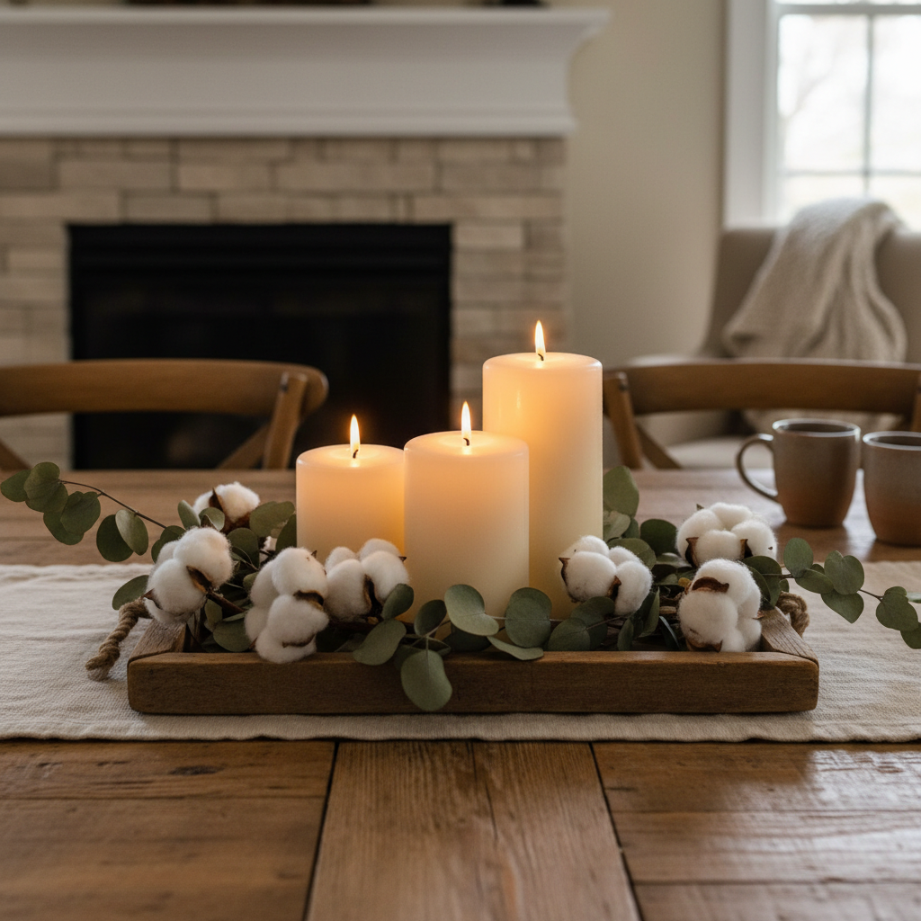 Farmhouse Rustic Candle Centerpiece on dining table
