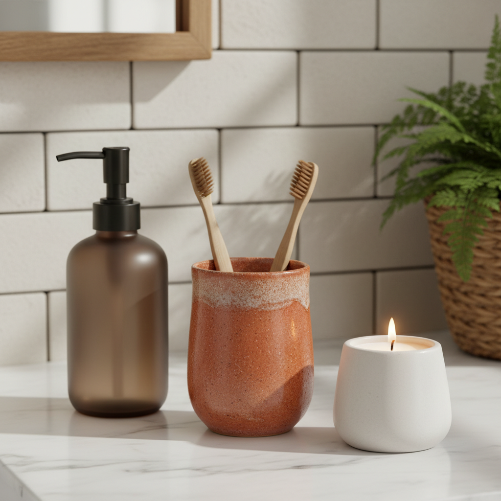 Farmhouse Ceramic Toothbrush Cup terracotta on bathroom counter