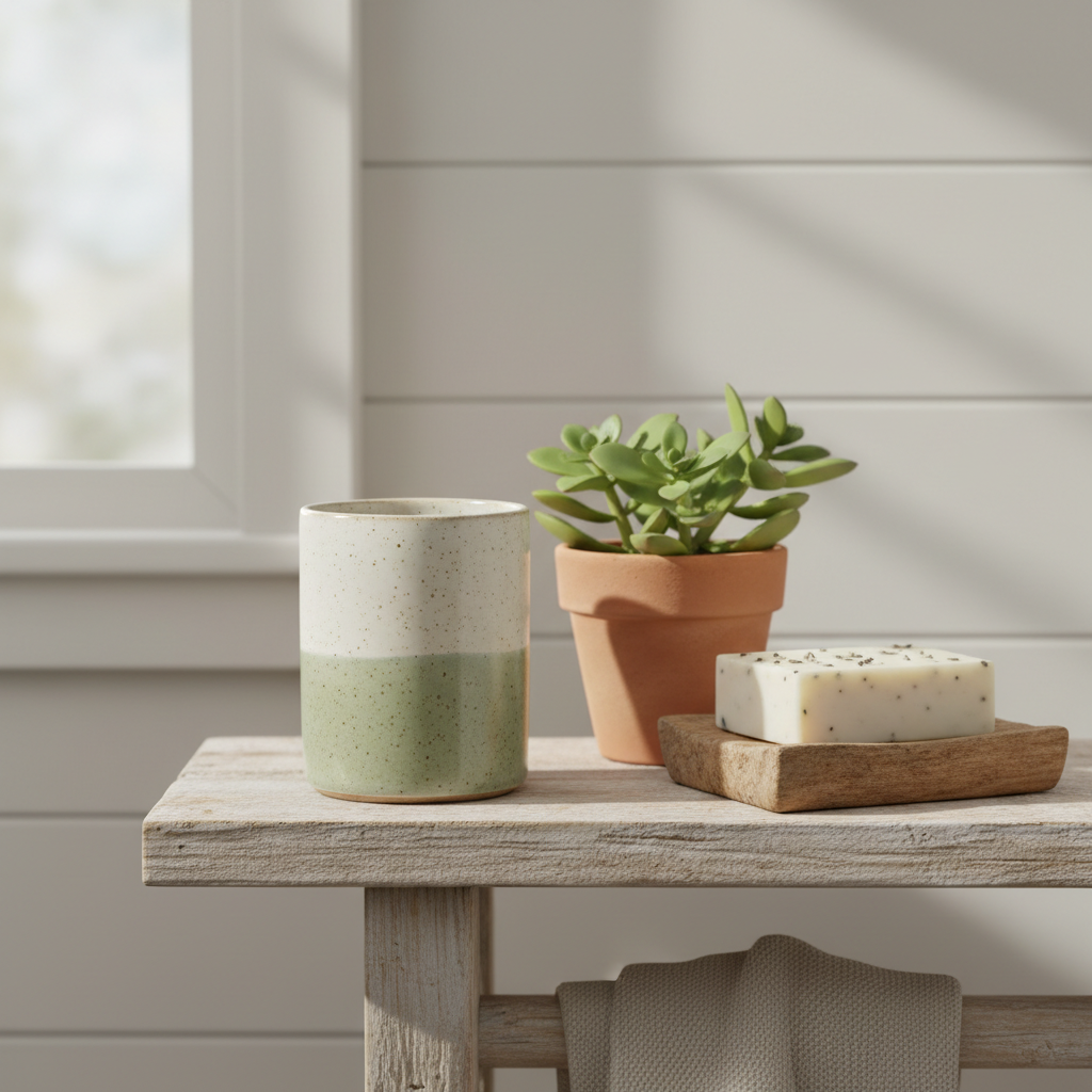Farmhouse Ceramic Toothbrush Cup speckled sage green on wooden shelf