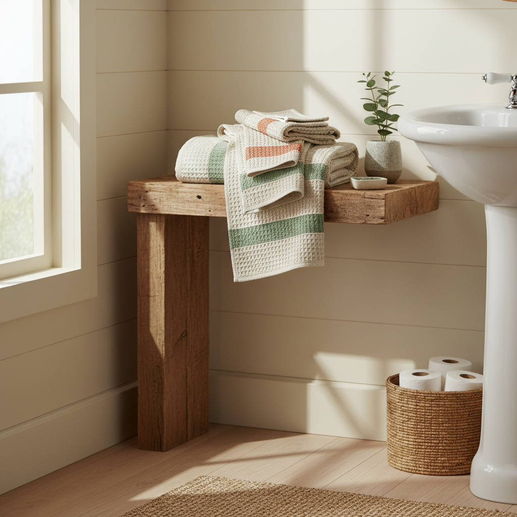 Farmhouse Cotton Waffle Towel Set stacked on shelf