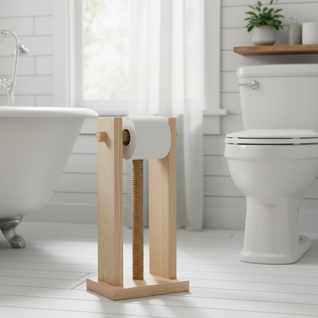 Farmhouse Wooden Toilet Paper Holder freestanding in bathroom