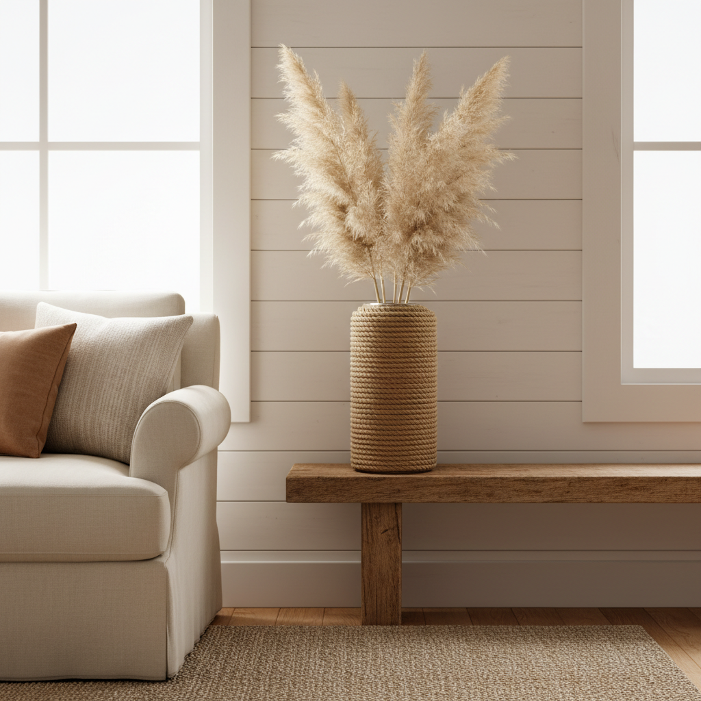 Farmhouse Rope Wrapped Vase with pampas grass on shelf