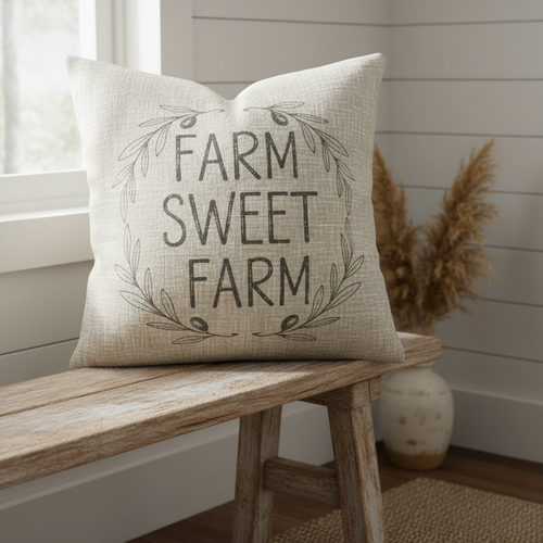 Farmhouse decorative pillow on rustic bench