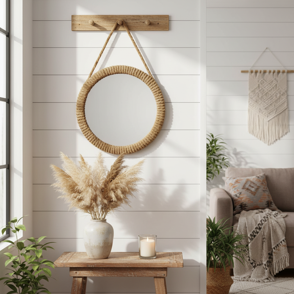 Farmhouse Rope Mirror in living room above console table